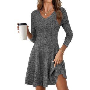 Women's Long Sleeve Ribbed Short Dresses V Neck Swing Sweater Dress Deep Grey